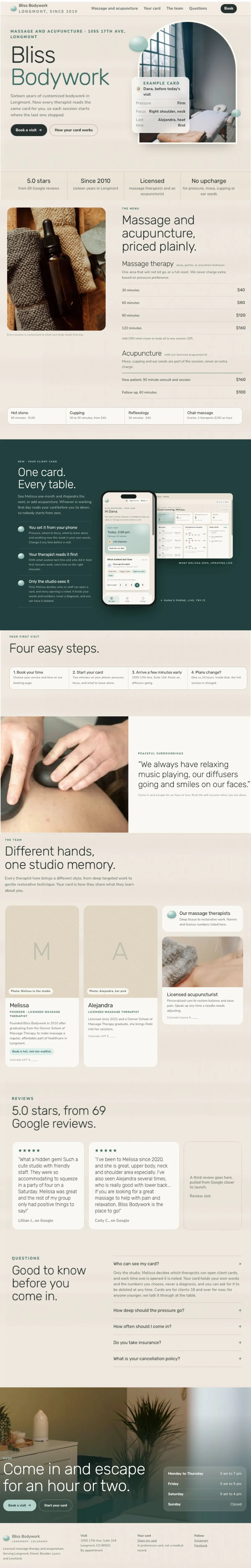 Full-page view of the Bliss Bodywork concept site, with the menu, the shared client card feature, four steps to a first visit, the team, reviews, questions and hours