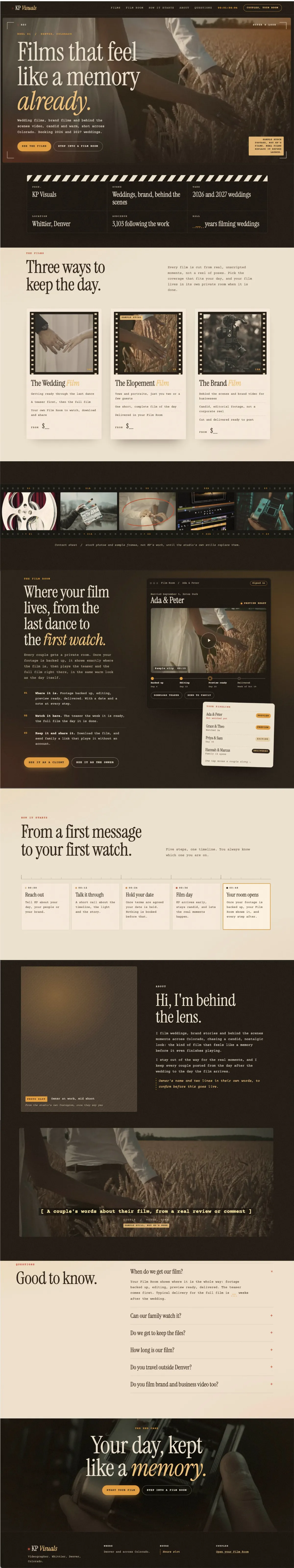 Full-page view of the KP Visuals concept site, with three film packages, the Film Room feature, how a booking starts, the filmmaker's story and questions