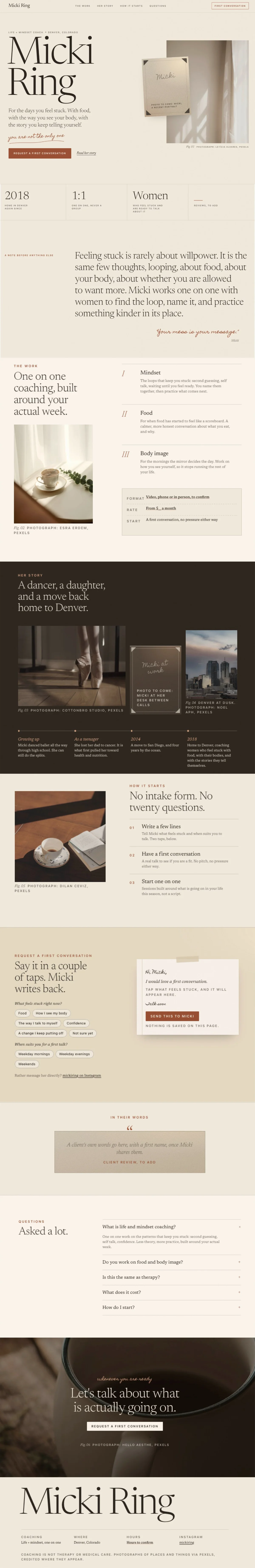 Full-page view of the Micki Ring concept site, with her coaching areas, her story and the first-conversation note