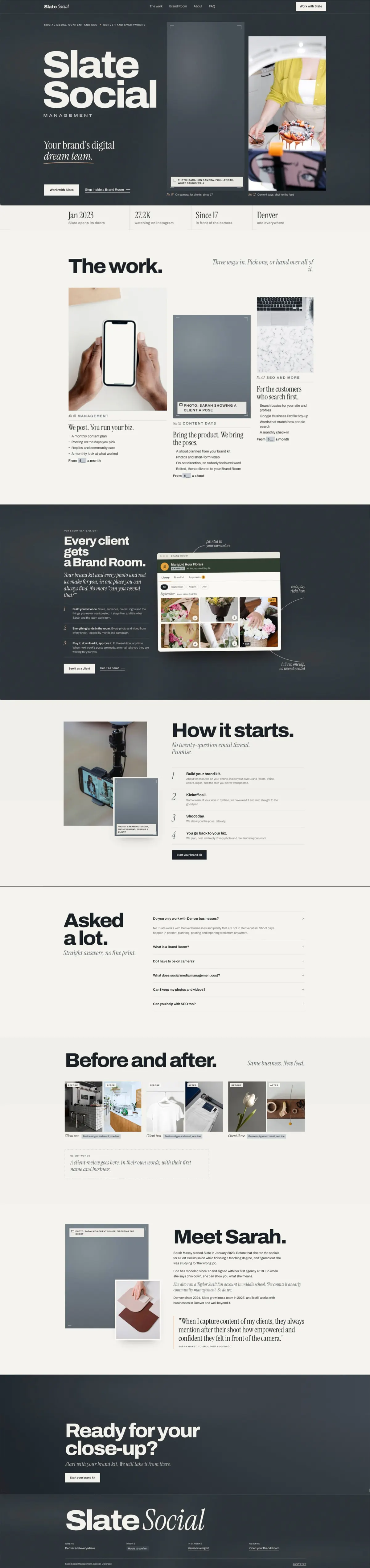 Full-page view of the Slate Social Management concept site, with services, the Brand Room feature, how it starts, before and after examples and an introduction to Sarah