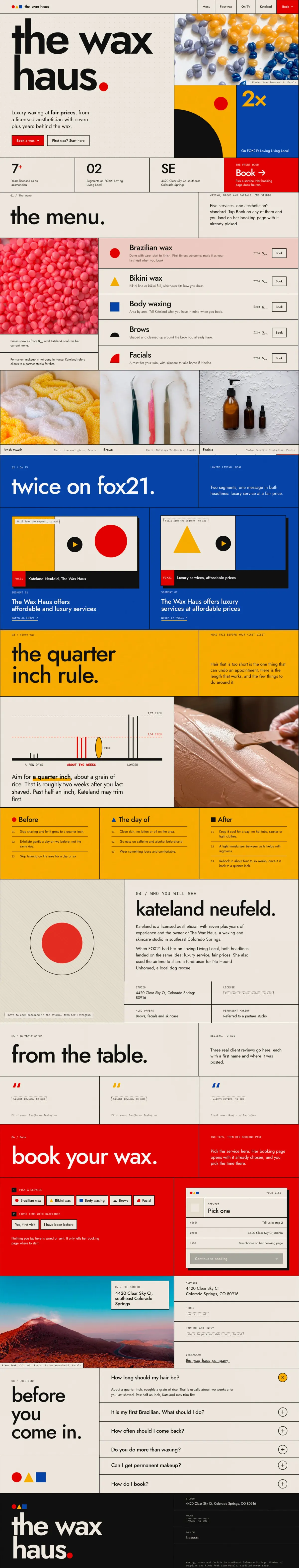 Full-page view of The Wax Haus concept site, with the service menu, FOX21 segments, the quarter inch rule, the studio details, questions and booking
