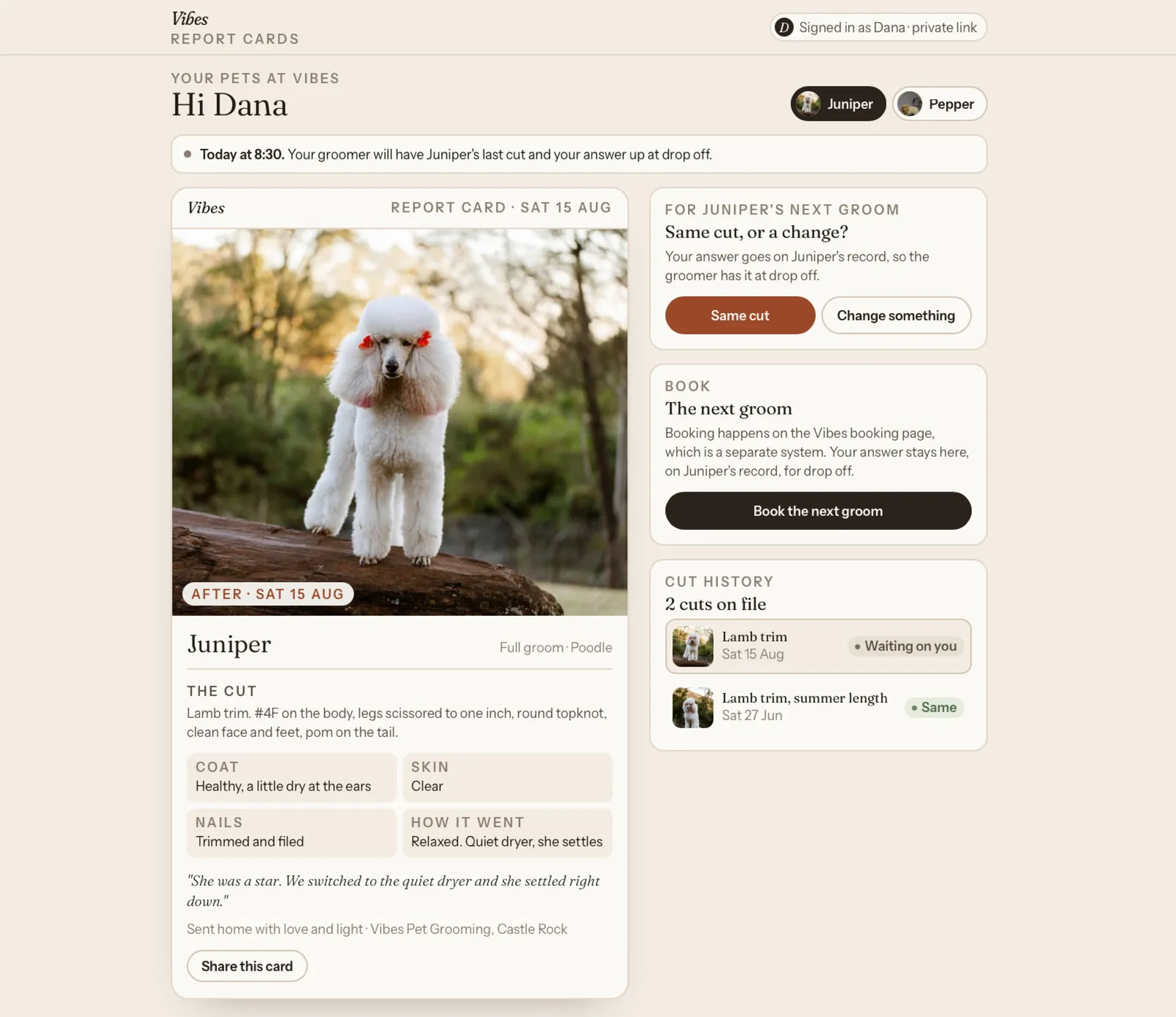 Vibes Pet Grooming report card for a poodle named Juniper, with the after photo, the cut, coat, skin, nails and how it went notes, a same cut or change something question and the cut history