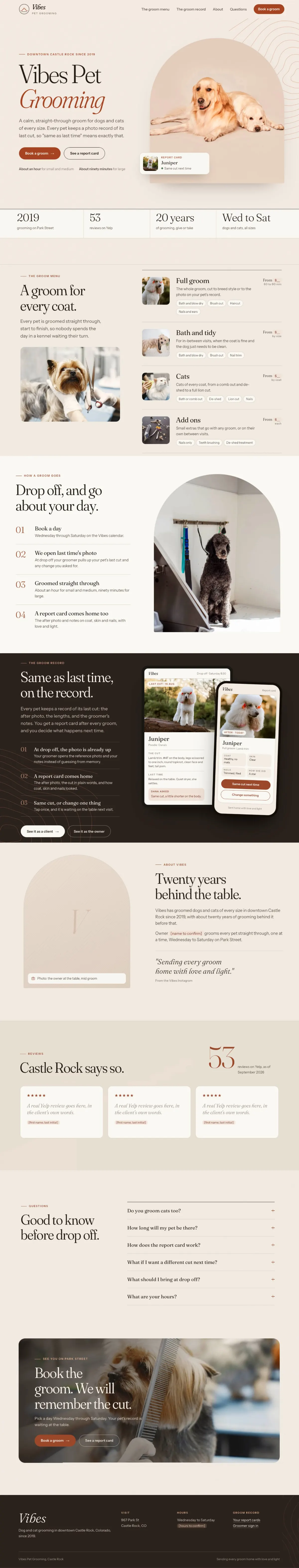 Full-page view of the Vibes Pet Grooming concept site, with the groom menu, how a groom goes, the groom record feature, reviews and questions