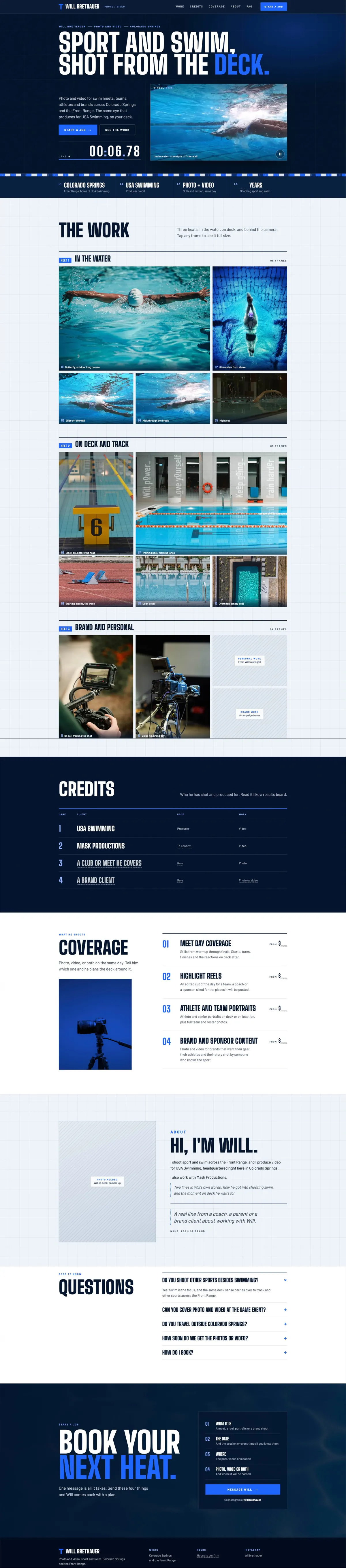 Full-page view of the Will Brethauer concept site, with the underwater reel, the work in three heats, credits, coverage, an introduction and booking
